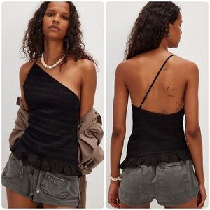 NEW Size Medium Free People Black Adeline Smocked One Shoulder Ruched Ruffle Top